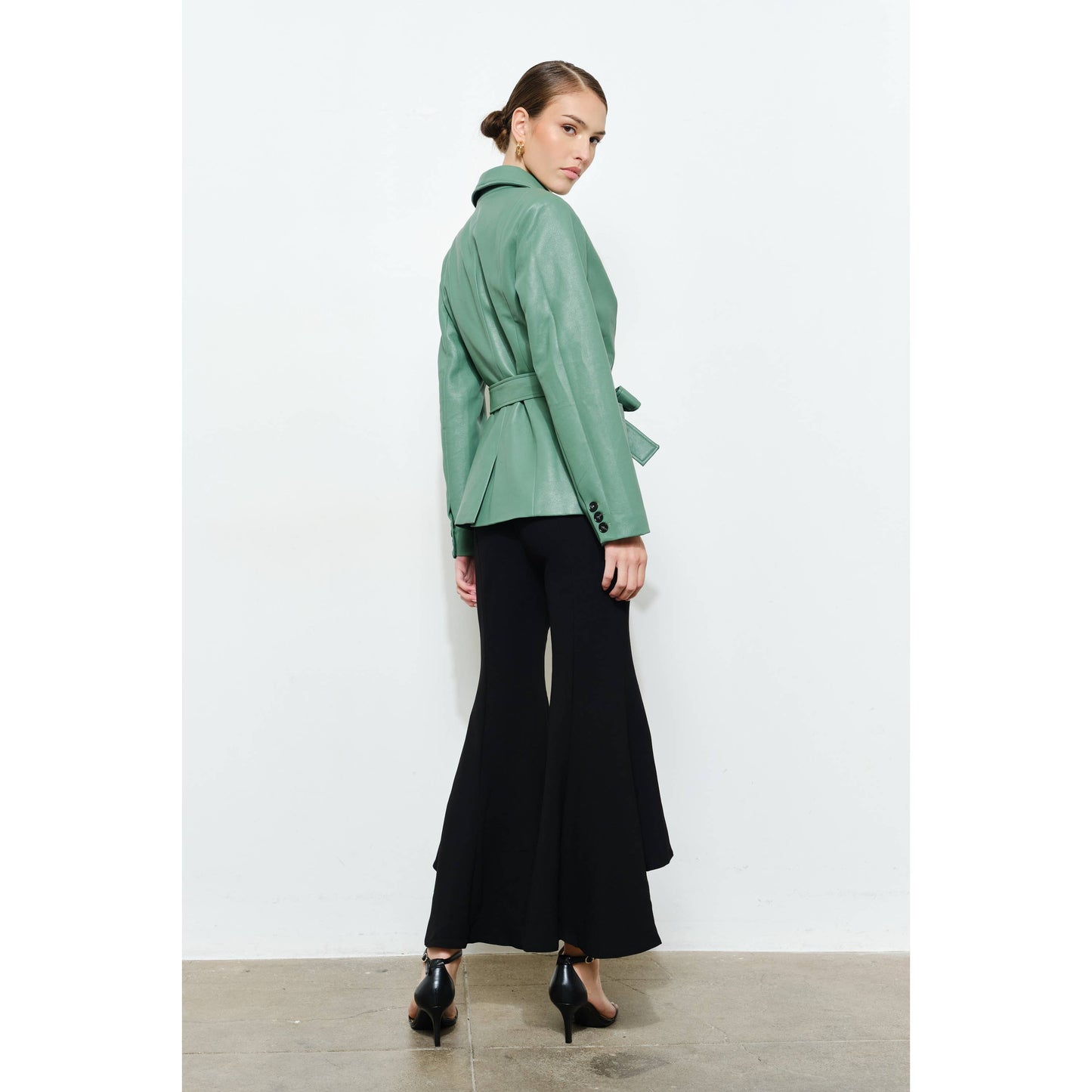 Faux Leather Single-Breasted Belted Blazer Jacket