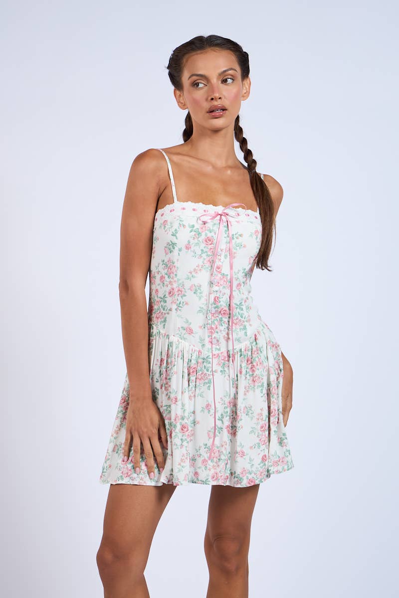 FLORAL LACE TRIM FIT&FLARE CORSET MINI DRESS