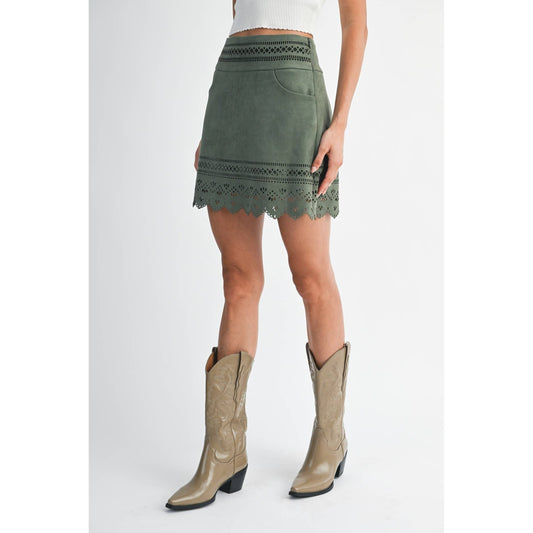 OLIVE GREEN LASER CUT A-LINE SKIRT