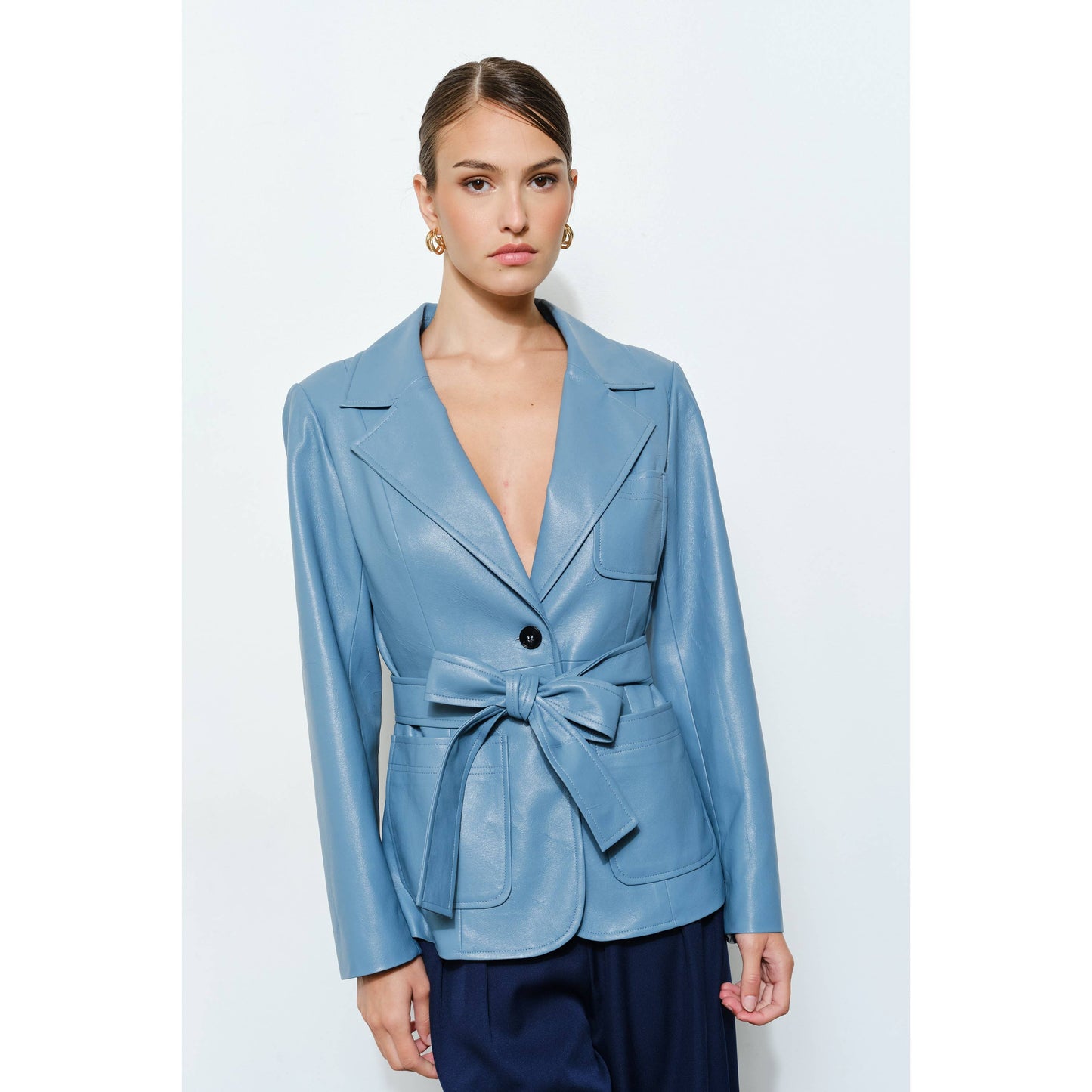 Faux Leather Single-Breasted Belted Blazer Jacket