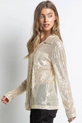 Sequined Button Down Long Sleeve Mesh Blouse Shirt