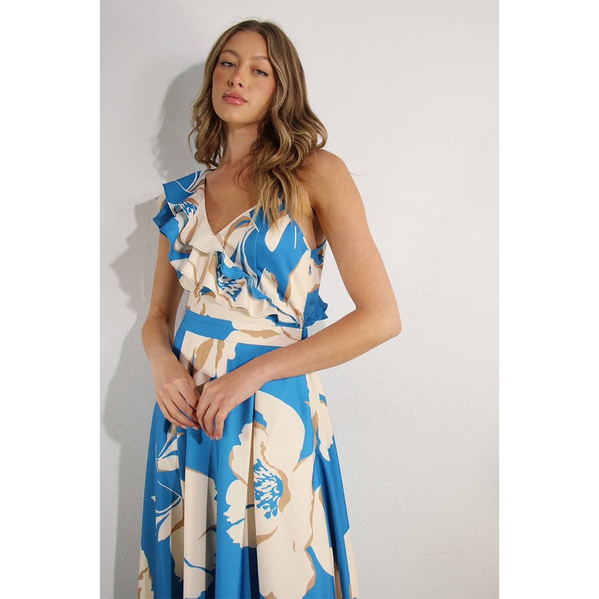 ONE SHOULDER RUFFLE PLEATED MAXI DRESS