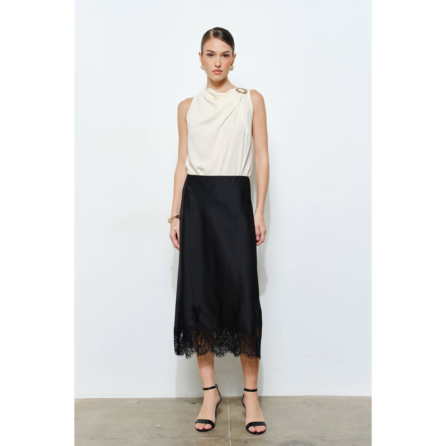 Classic Silky with Lace Hem H-Line Midi Skirt