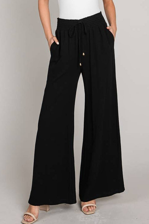 Soft Linen Smocked Waist Wide Leg Pants