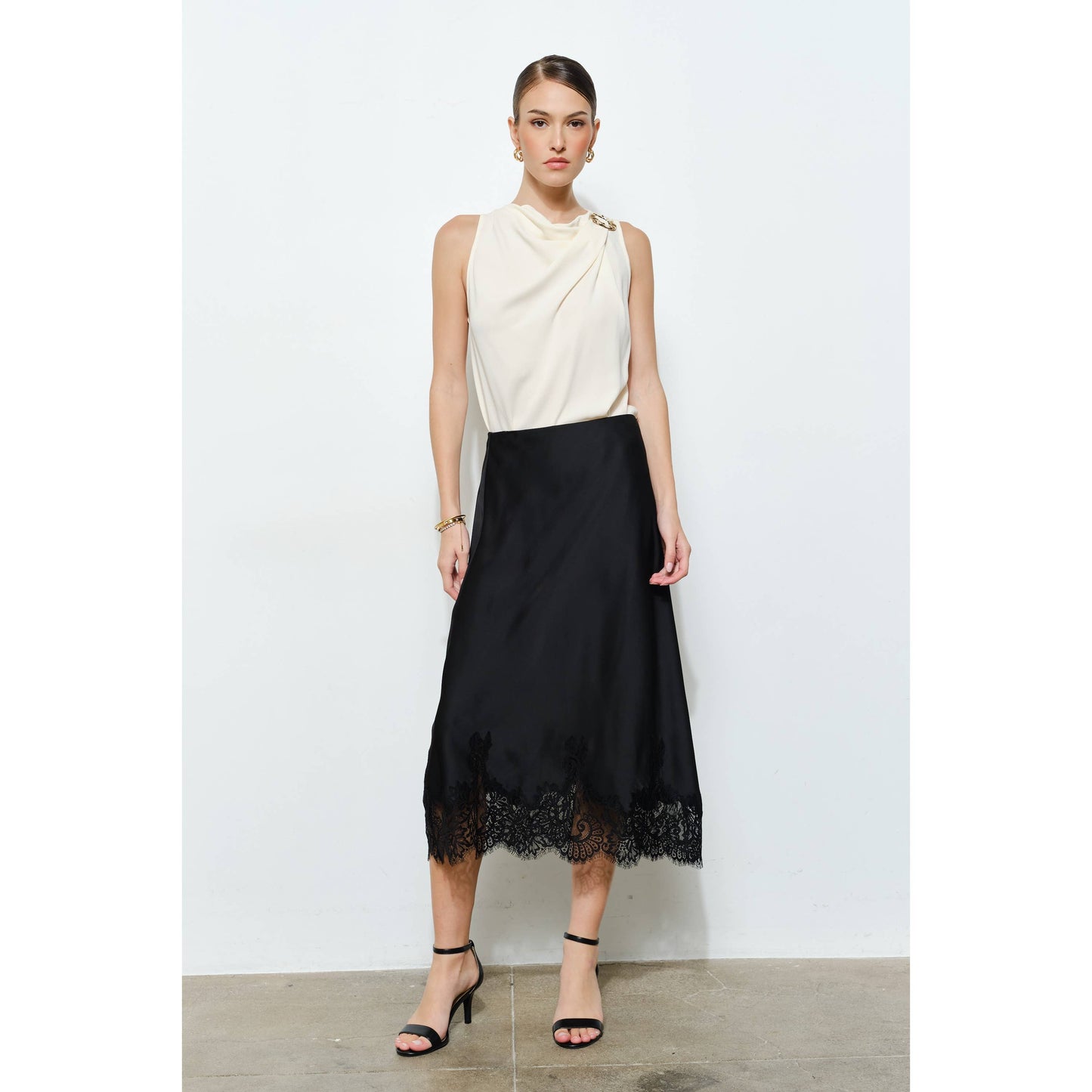Classic Silky with Lace Hem H-Line Midi Skirt