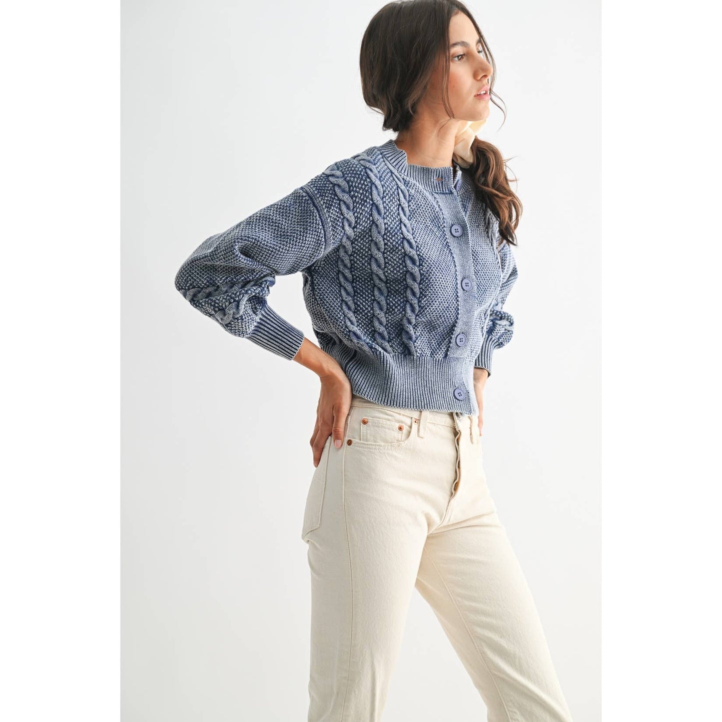 WASHED BLENDED BLUE CABLE KNIT CARDIGAN