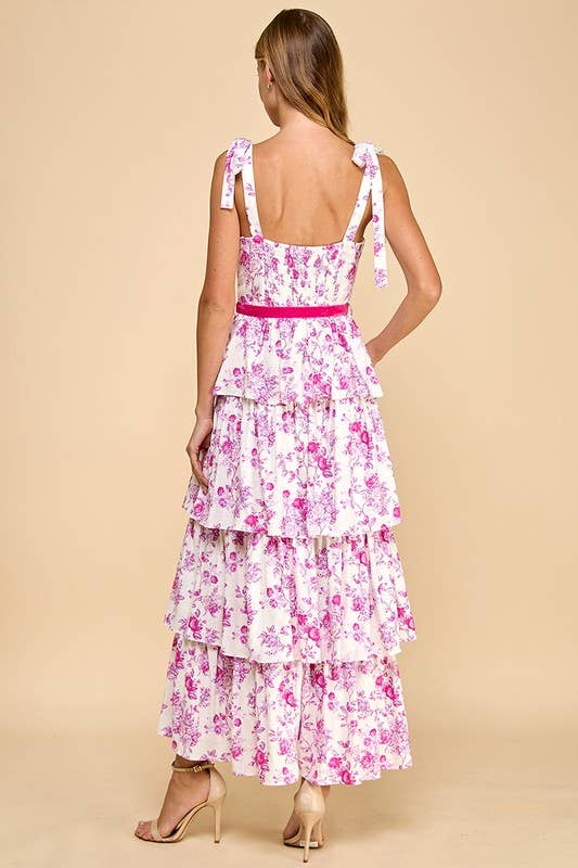 Floral Print Tiered Adjustable Straps Midi Dress