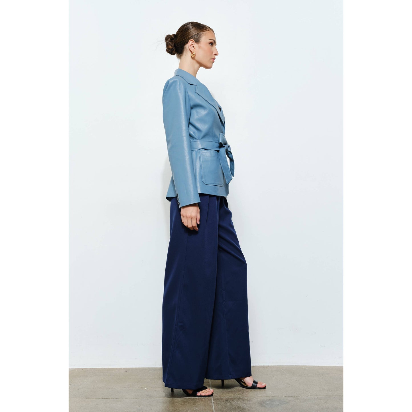 Faux Leather Single-Breasted Belted Blazer Jacket