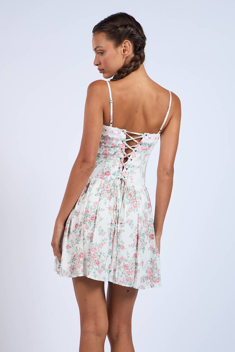 FLORAL LACE TRIM FIT&FLARE CORSET MINI DRESS