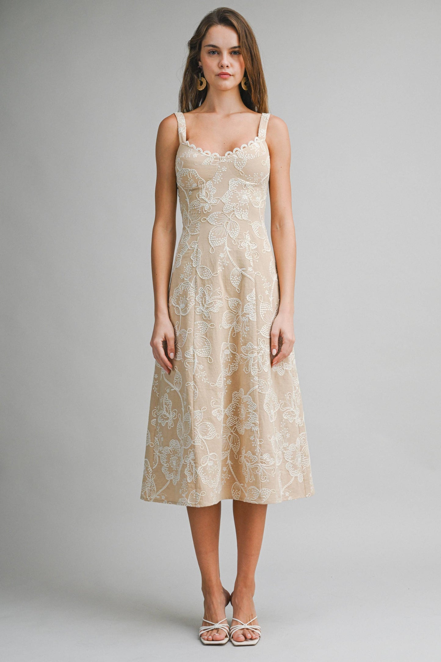 Elegant Floral Embroidered Midi Dress