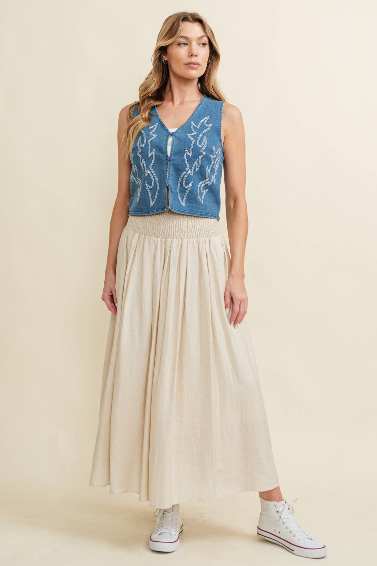 SMOCKED MIDI SKIRT