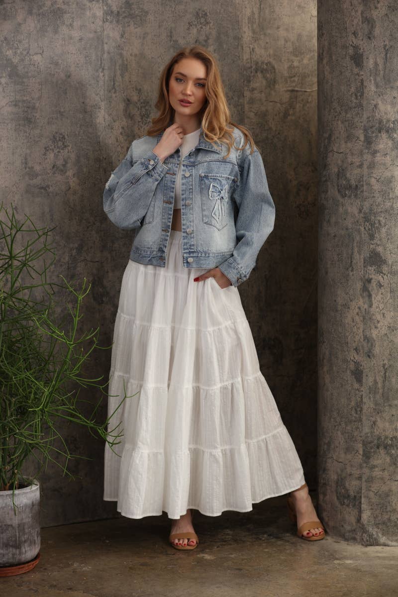 Denim Oversized Trucker Jacket With Bow Patch