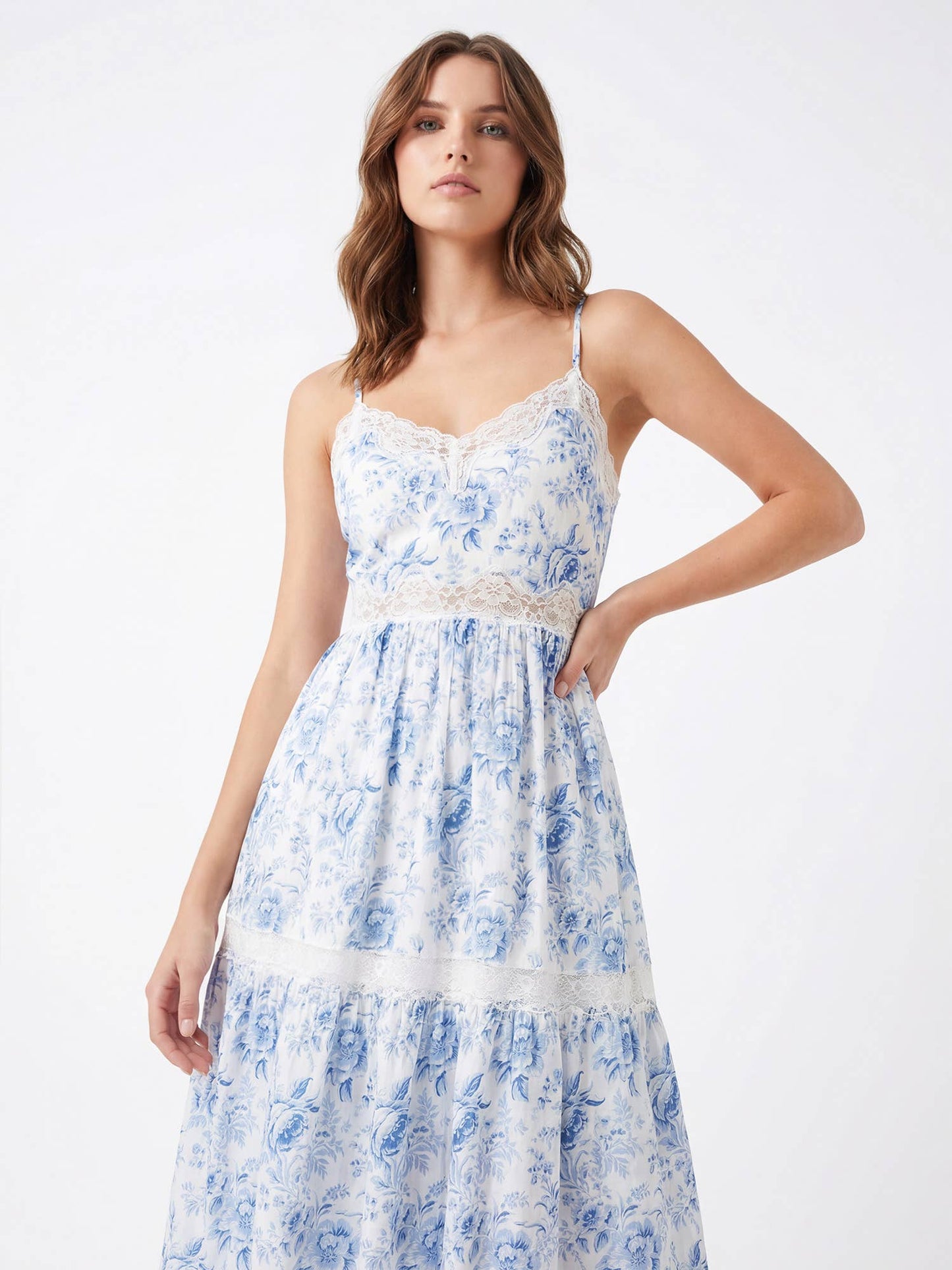 Floral Midi Dress with Lace Trim