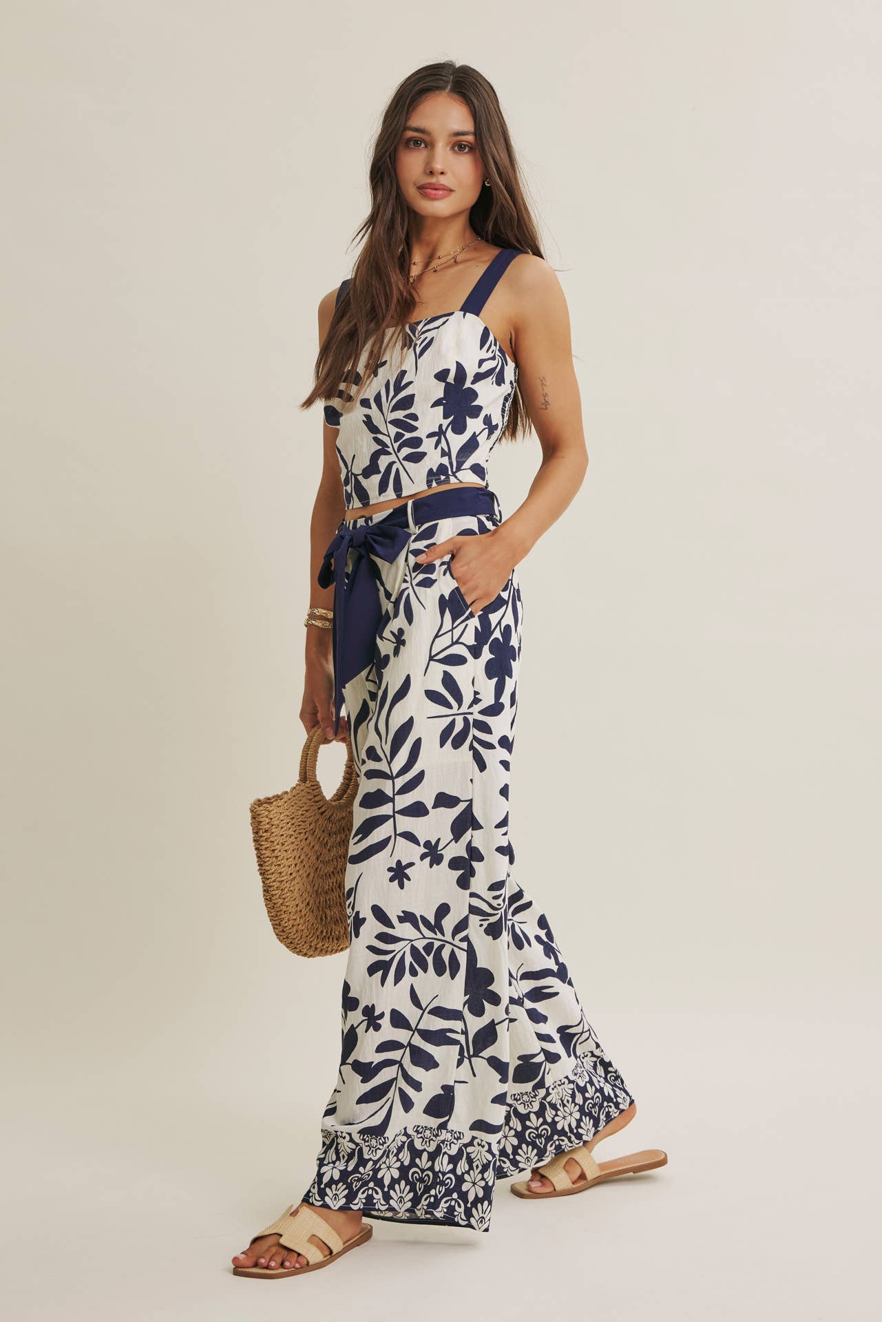 RESORT WEAR BORDER PRINT LEAF PRINT TOP AND PANTS SET