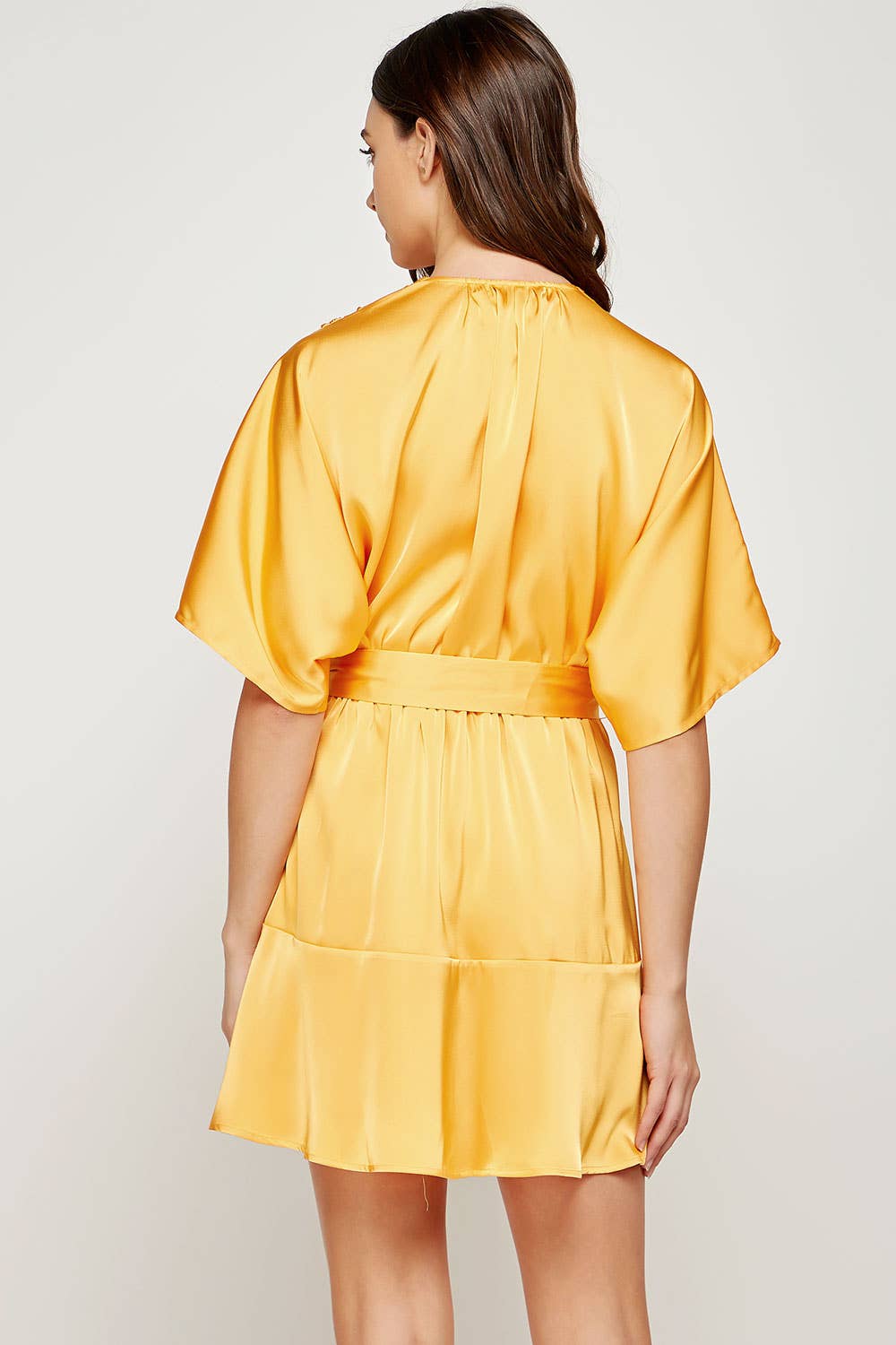 Flared Sleeve Faux Wrap Satin Mini Dress