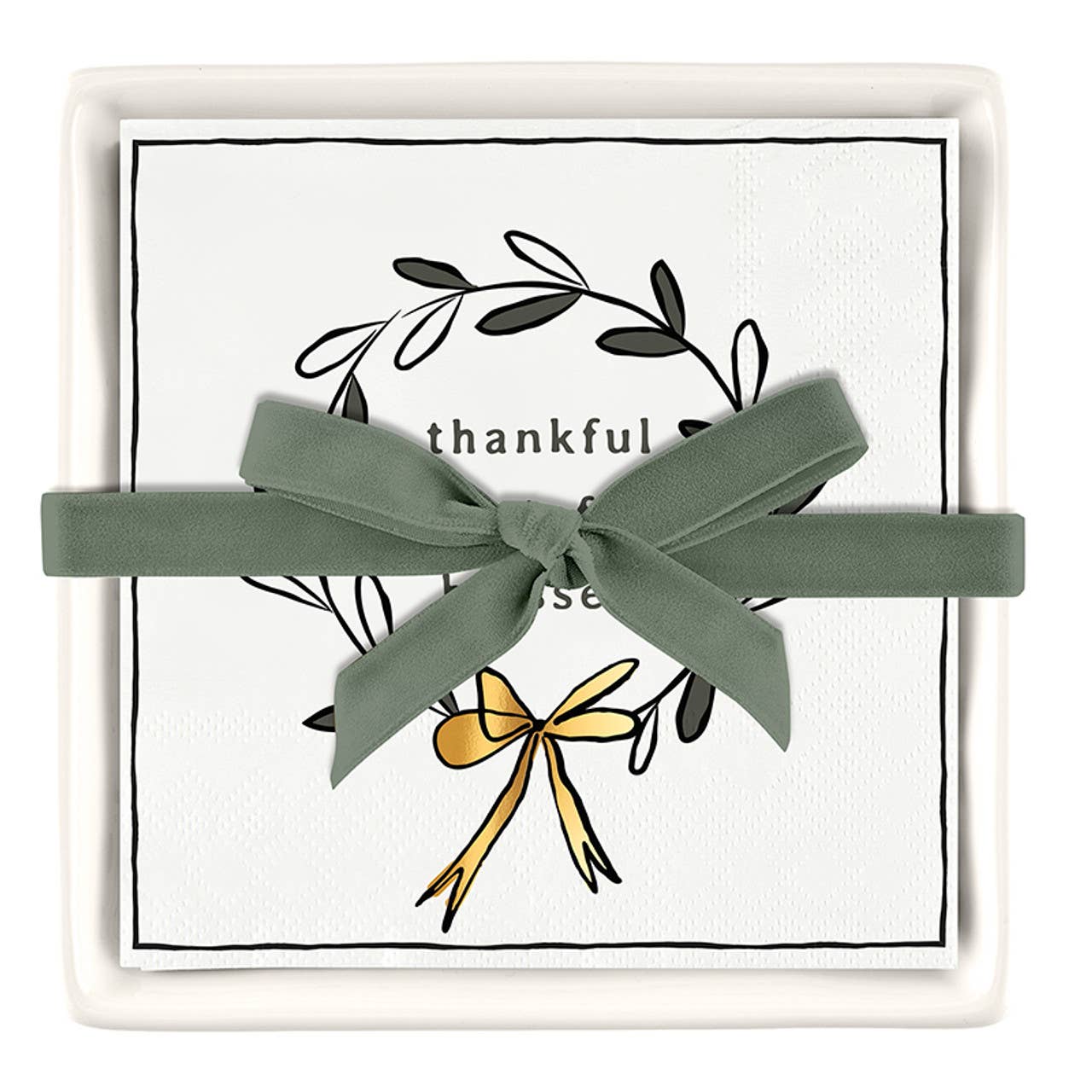 Ceramic Napkin Tray + Napkins - Thankful, Grateful, Blessed