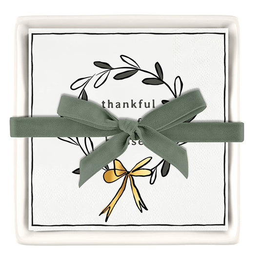 Ceramic Napkin Tray + Napkins - Thankful, Grateful, Blessed